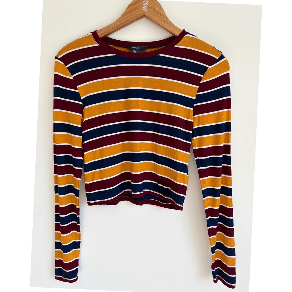 Forever 21 Women's Small Burgundy Mustard Striped Long Sleeve Crop Top Y2K Retro